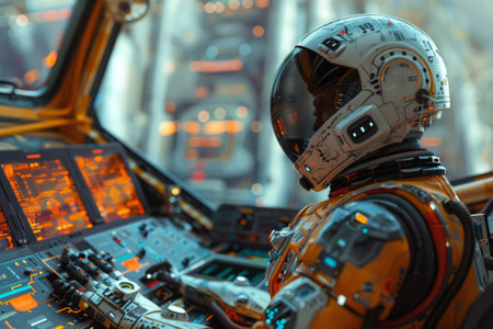 Robot pilots a spaceship in spaceの素材