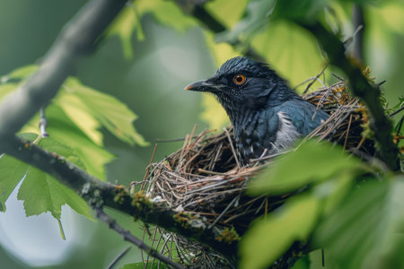 Bird hatches eggs in a nest.の素材
