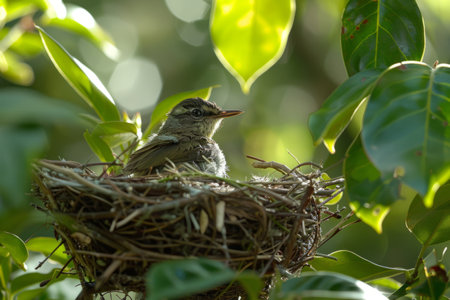 Bird in a nest on a tree branchの素材