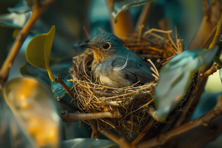 Bird in a nest on a tree branch.の素材