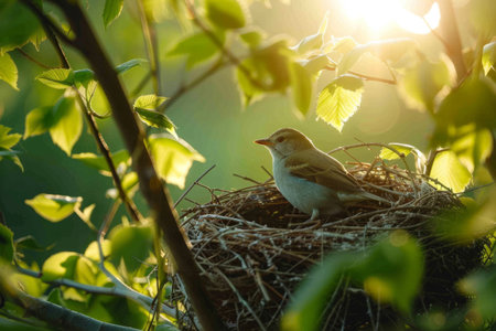 a bird builds a nest on a treeの素材