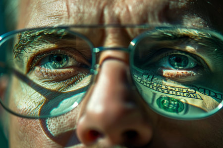 Male businessman in glasses with dollar bills reflectedの素材