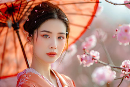 Beautiful Japanese girl in a traditional kimono holding umbrella near blooming sakuraの素材