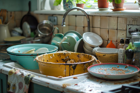 Dirty unwashed dishes in the kitchen, household chores conceptの素材