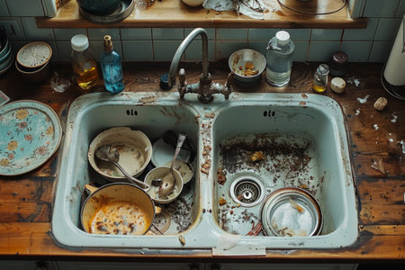 Dirty unwashed dishes in the kitchen, household chores conceptの素材