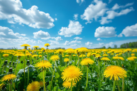 Yellow dandelions blooming against a blue cloudy skyの素材