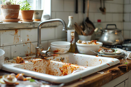Dirty unwashed dishes in the kitchen sink, household choresの素材