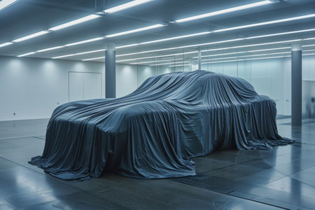 Car covered with cloth at model presentationの素材