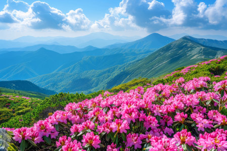 Blooming pink rhododendrons in a mountain valleyの素材