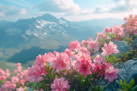 meadow with pink rhododendrons in the mountainsの素材