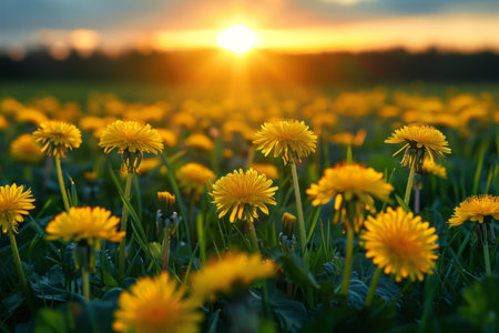 Yellow dandelions against a sunrise or sunset backgroundの素材