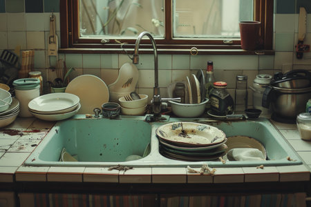 Dirty unwashed dishes in the sinkの素材