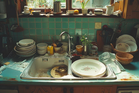 Dirty unwashed dishes in the sinkの素材