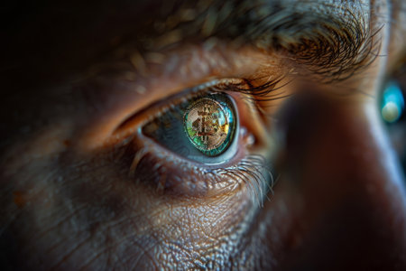 Reflection of the Bitcoin cryptocurrency coin sign in the eyes of a man working on a computerの素材