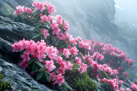 Pink rhododendron flowers in a mountain valleyの素材