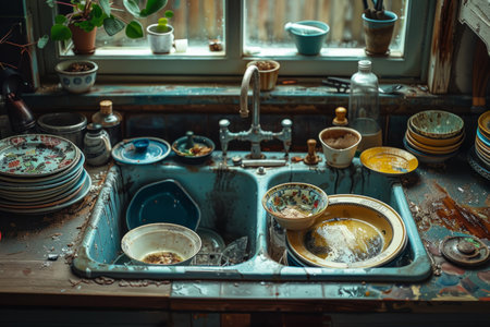 Dirty unwashed dishes in the kitchen sink, household choresの素材