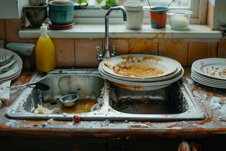 Dirty unwashed dishes in the kitchen sink, household choresの素材