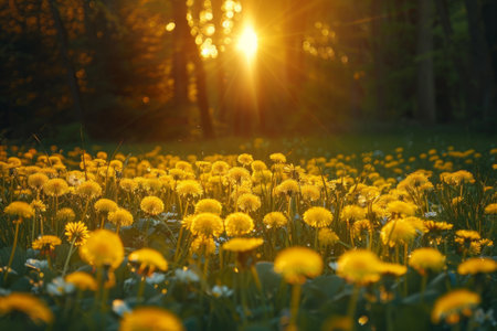Yellow dandelions against a sunrise or sunset backgroundの素材