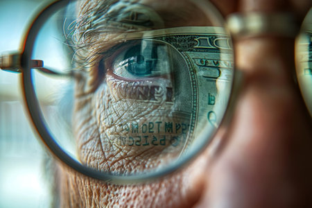 Man in glasses with reflection of dollar bills, concept of earnings and investmentsの素材