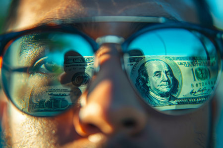 Man in glasses with dollar bills reflectedの素材