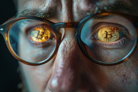 Image of a bitcoin cryptocurrency coin sign in the eyes of a man working on a computerの素材