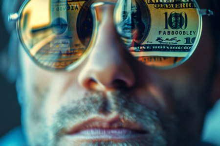 Man in glasses with dollar bills reflectedの素材