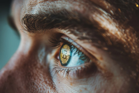 Image of a bitcoin cryptocurrency coin sign in the eyes of a man working on a computerの素材