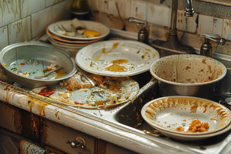 Dirty unwashed dishes in the kitchen, household chores conceptの素材