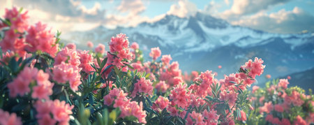 meadow with pink rhododendrons in the mountainsの素材
