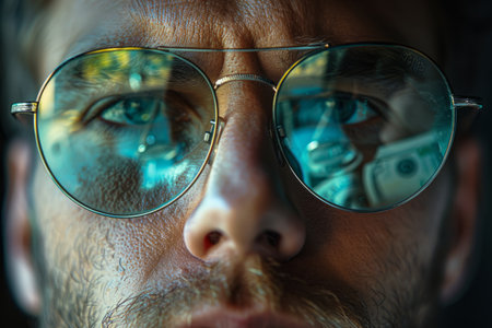 Man in glasses with dollar bills reflectedの素材