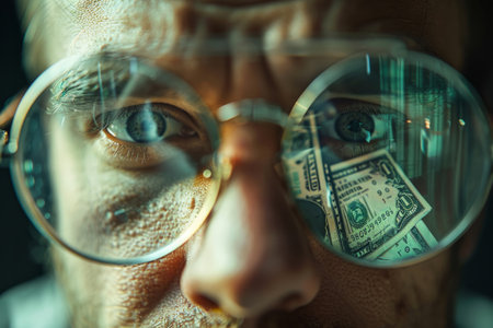 Male businessman in glasses with dollar bills reflectedの素材