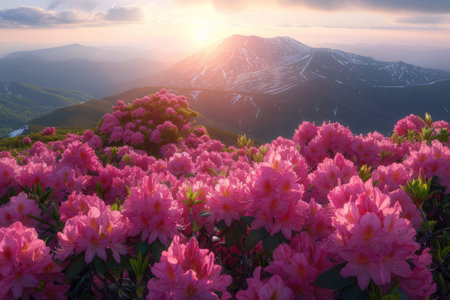 Pink rhododendrons blooming in the misty mountainsの素材