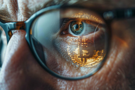 Image of a bitcoin cryptocurrency coin sign in the eyes of a man working on a computerの素材