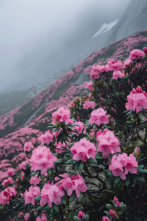 Pink rhododendrons blooming in the misty mountainsの素材