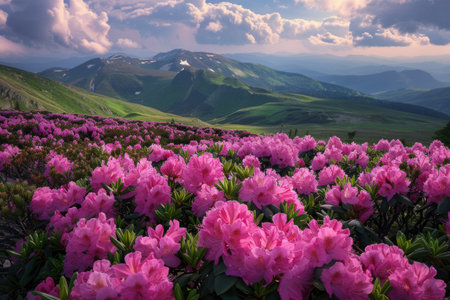 Pink rhododendrons blooming in the misty mountainsの素材