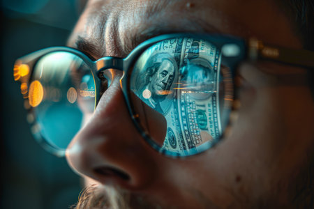 Male businessman in glasses with dollar bills reflectedの素材