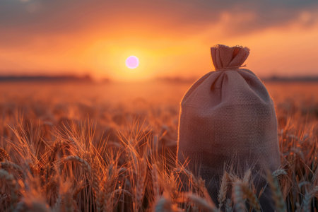 Wheat harvest in a bag in a field.の素材