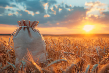 Wheat harvest in a bag in a field.の素材