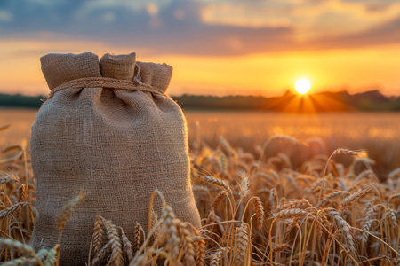 Full bag of grain standing in wheat field during sunsetの素材