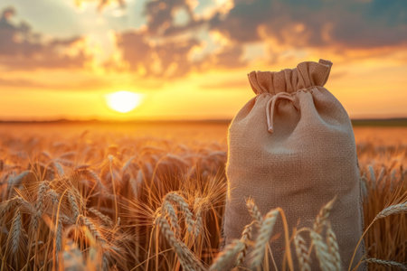 Full bag of grain standing in wheat field during sunset.の素材