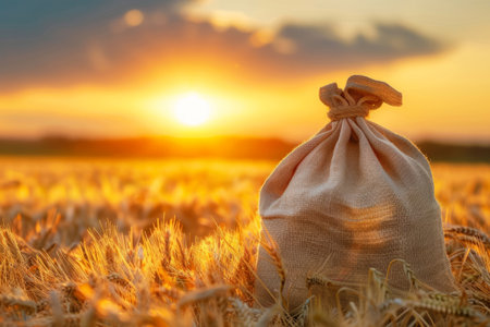 Bag of wheat grains in a field at sunsetの素材