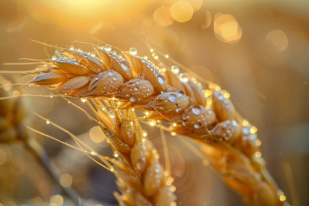 Golden wheat ears sparkling with dew drops in sunset lightの素材