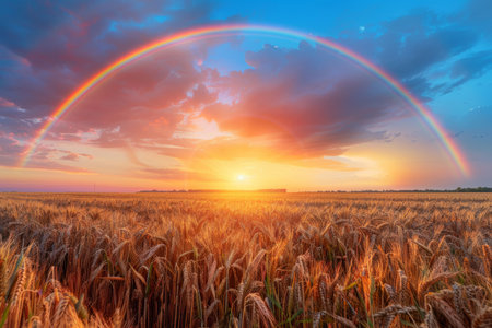 Rainbow shining over a golden wheat field at sunset timeの素材