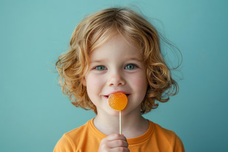 little girl enjoying eating lollipop candy on a blue backgroundの素材