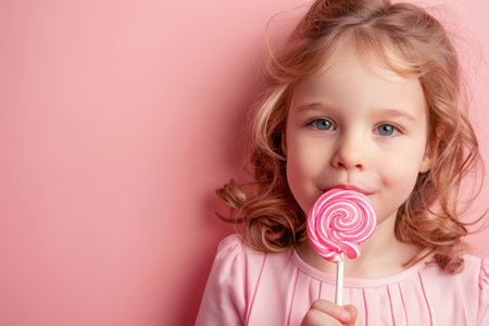 little girl eating lollipop candy on a pink backgroundの素材