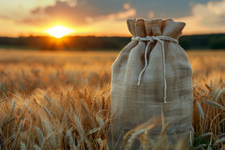 bag of wheat harvest in a fieldの素材