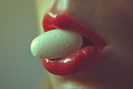 Woman with giant pill in mouthの素材