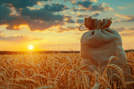 bag of wheat harvest in a fieldの素材