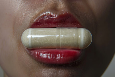 Woman holding big pill between lips showing healthy lifestyleの素材