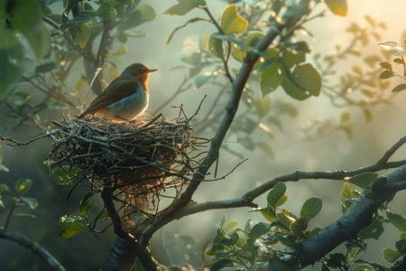 a bird builds a nest on a treeの素材